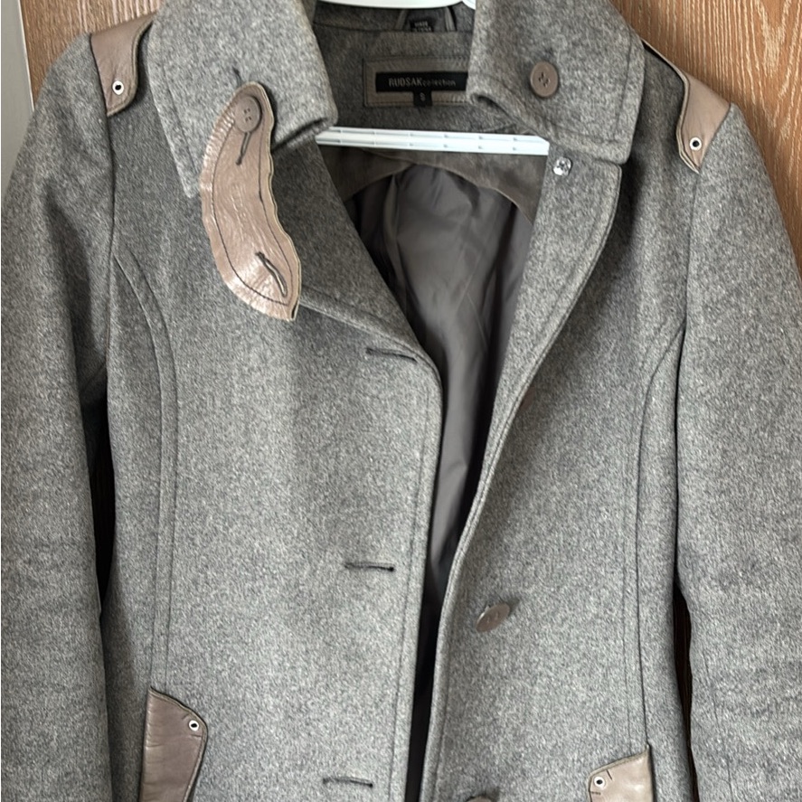 Rudsak Gray Wool Pea Coat With Taupe Leather Trim